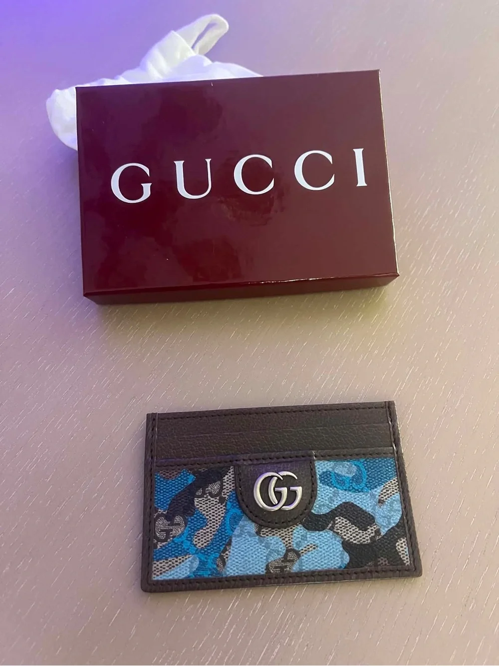 GG Logo Brown Leather Card Case with Blue Camouflage Canvas